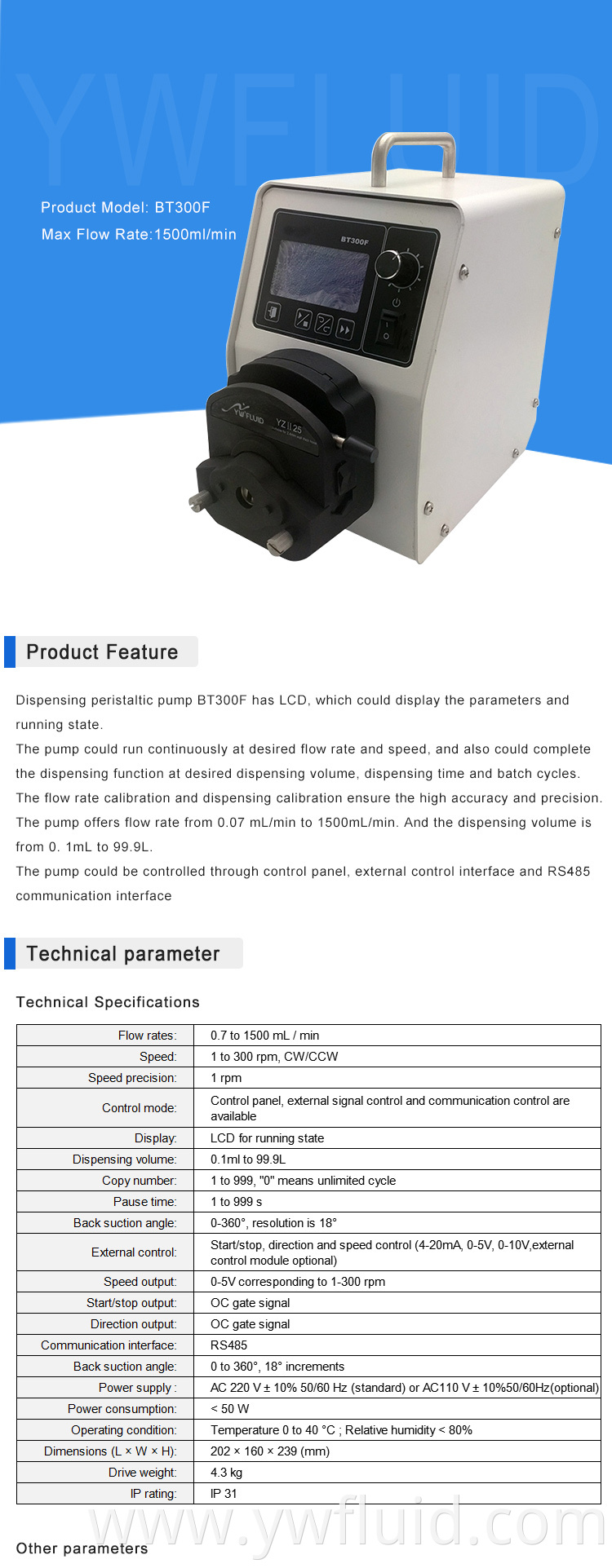 YWfluid high Performance Medical Devices Peristaltic Pump with AC motor Used for Drug Delivery